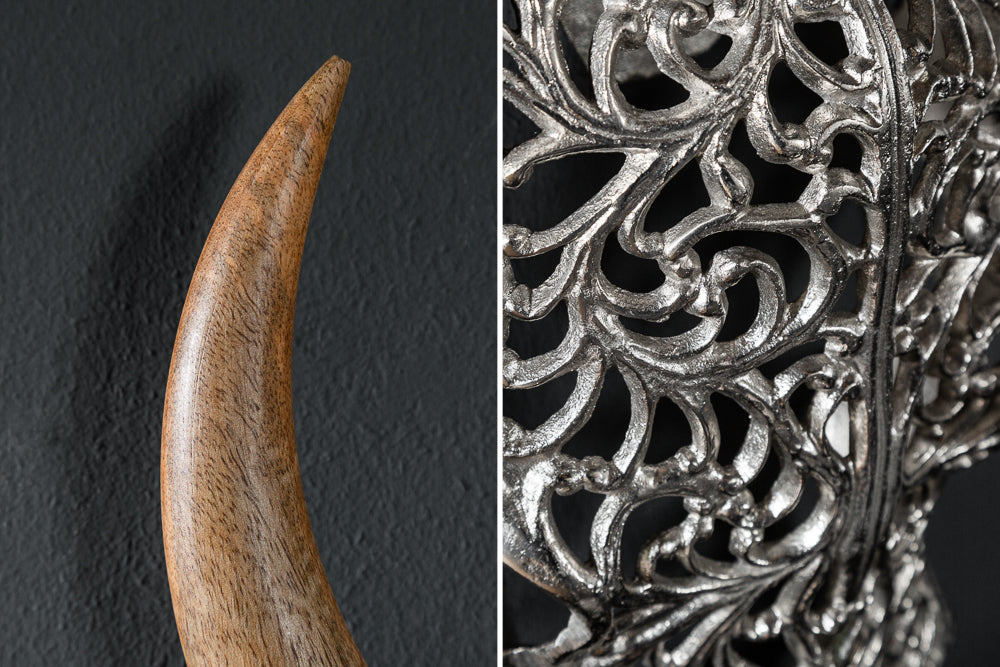 Decorative Skull Exotic Bull 57cm Metal Silver Mango Wood Natural