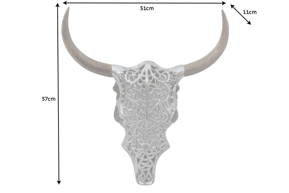 Decorative Skull Exotic Bull 57cm Metal Silver Mango Wood Natural