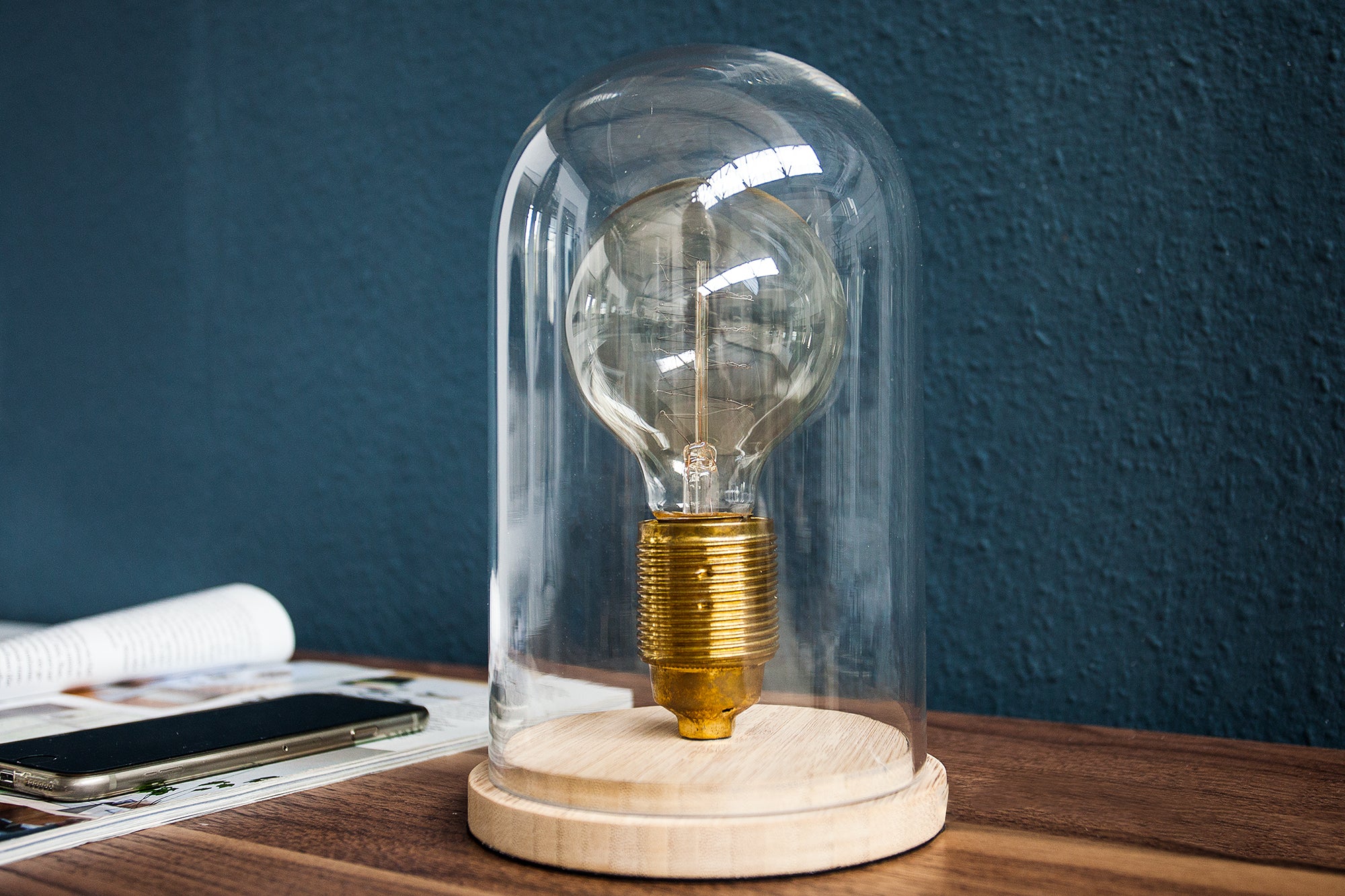 Table Lamp Edison Retro 22cm Wood Glass