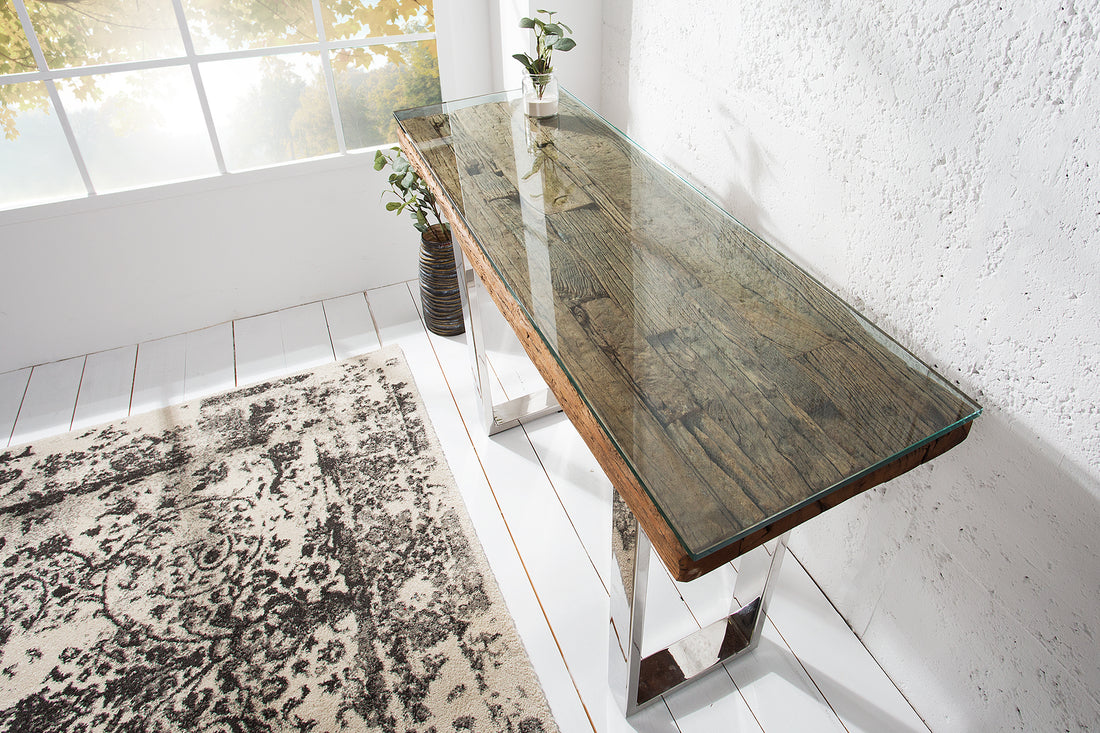 Console Table Barracuda 120cm Recycled Teak Wood Natural With Glass Top