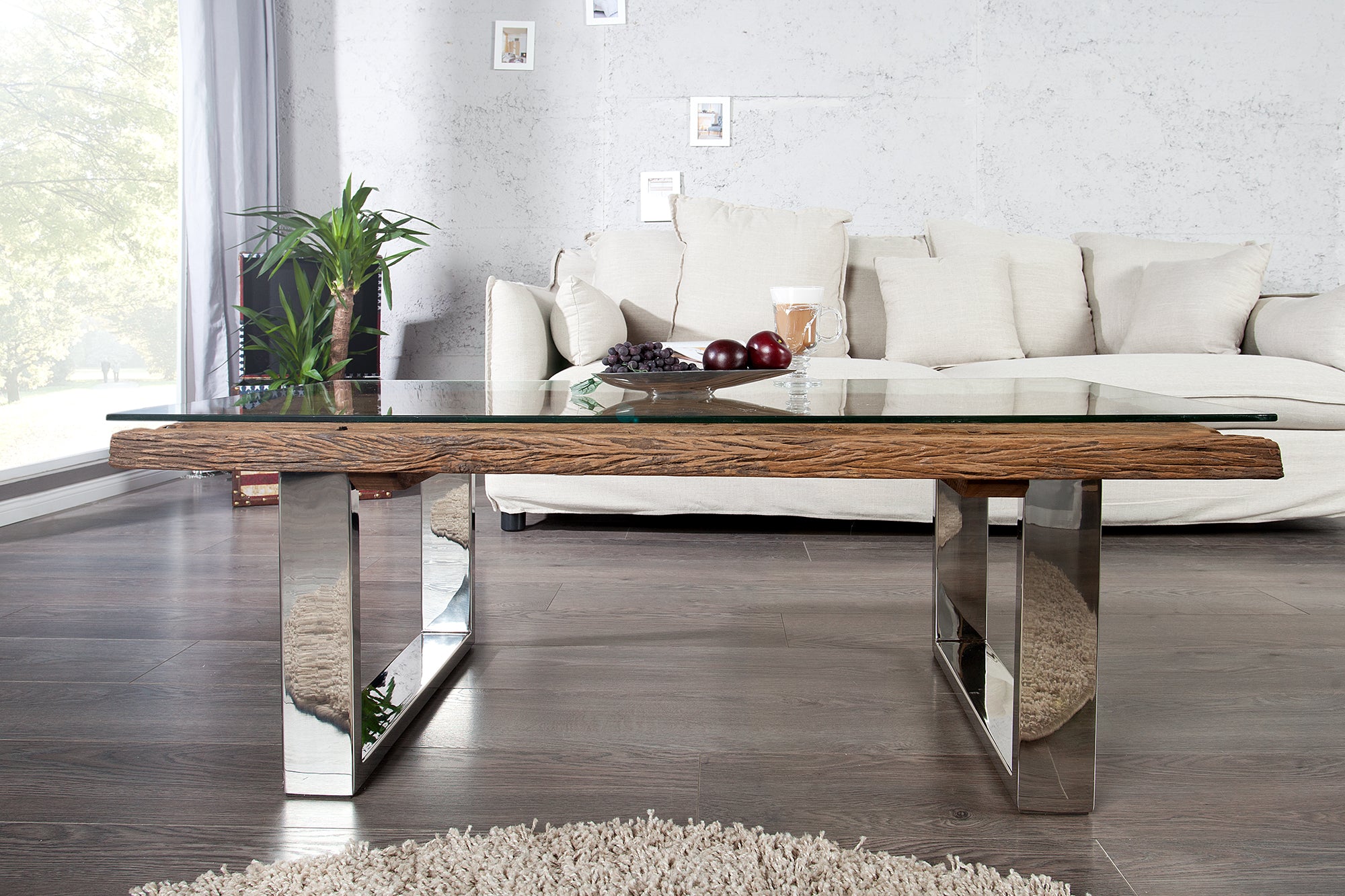 Coffee Table Barracuda II 110cm Recycled Wood Brown With Glass Top