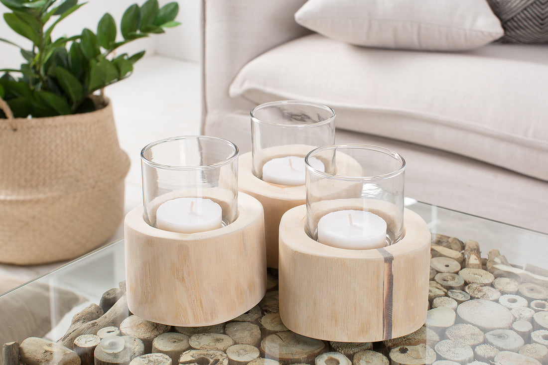 Set Of Three Candle Holders Limotion 14cm Teak Wood Natural