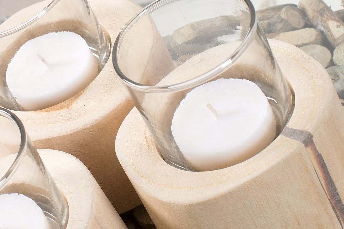 Set Of Three Candle Holders Limotion 14cm Teak Wood Natural