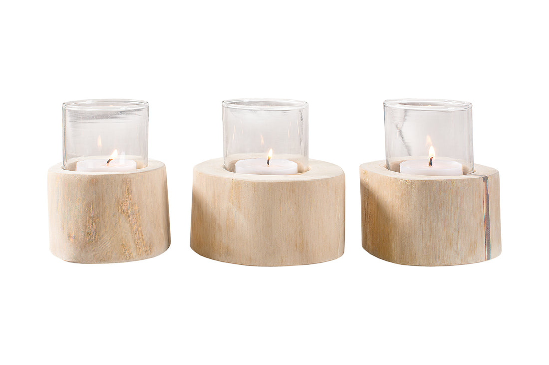 Set Of Three Candle Holders Limotion 14cm Teak Wood Natural