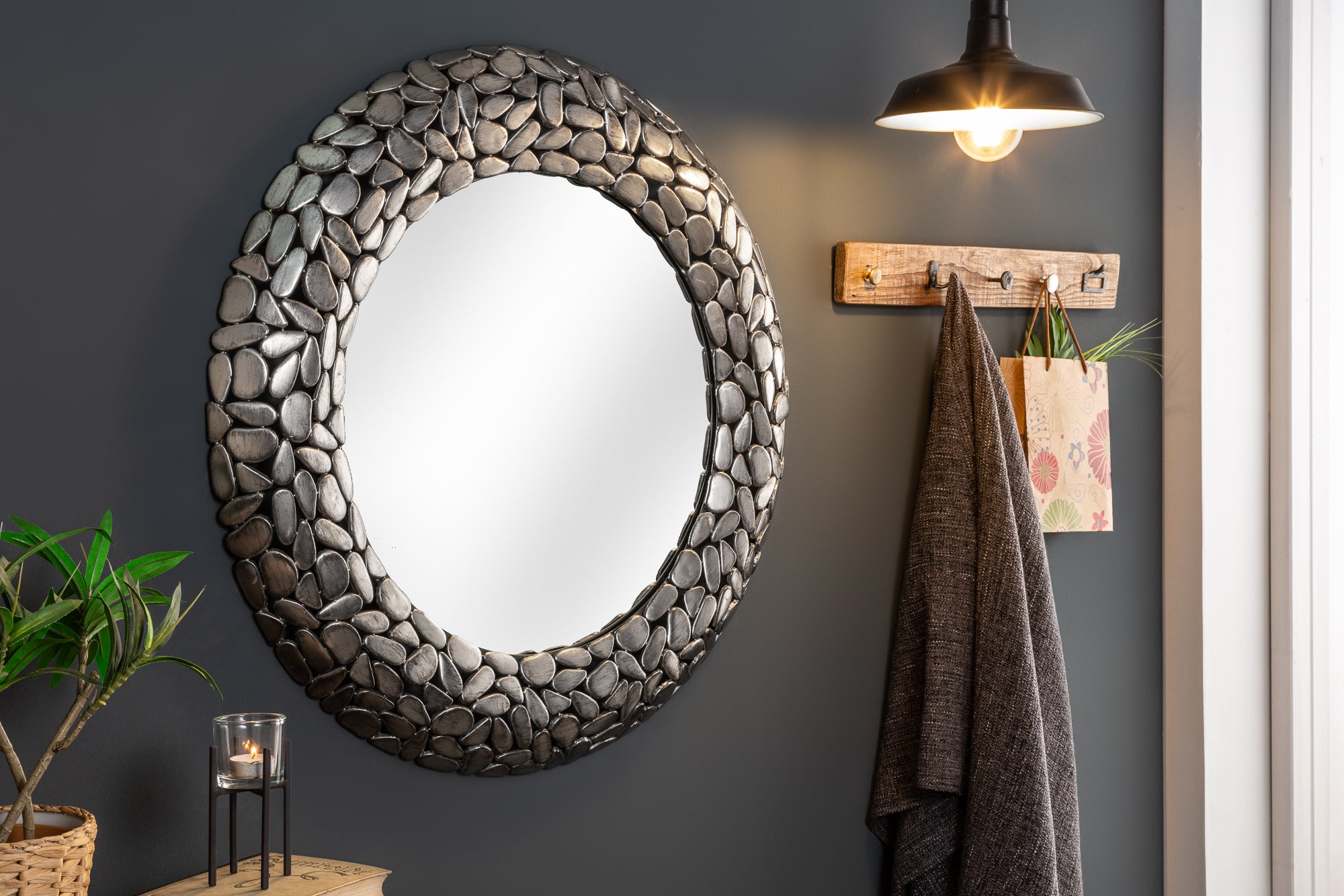 Mirror Stone Mosaic 82cm Metal Silver
