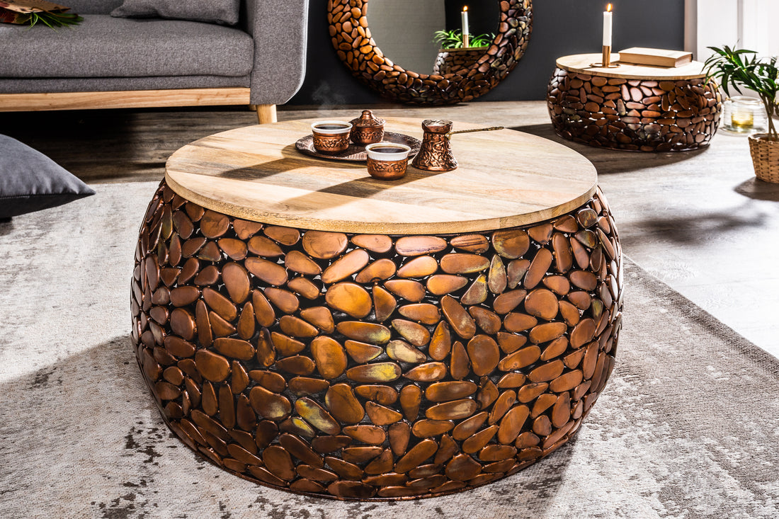 Set Of Two Round Nesting Coffee Tables 53cm/65cm Stone Mosaic Metal Copper