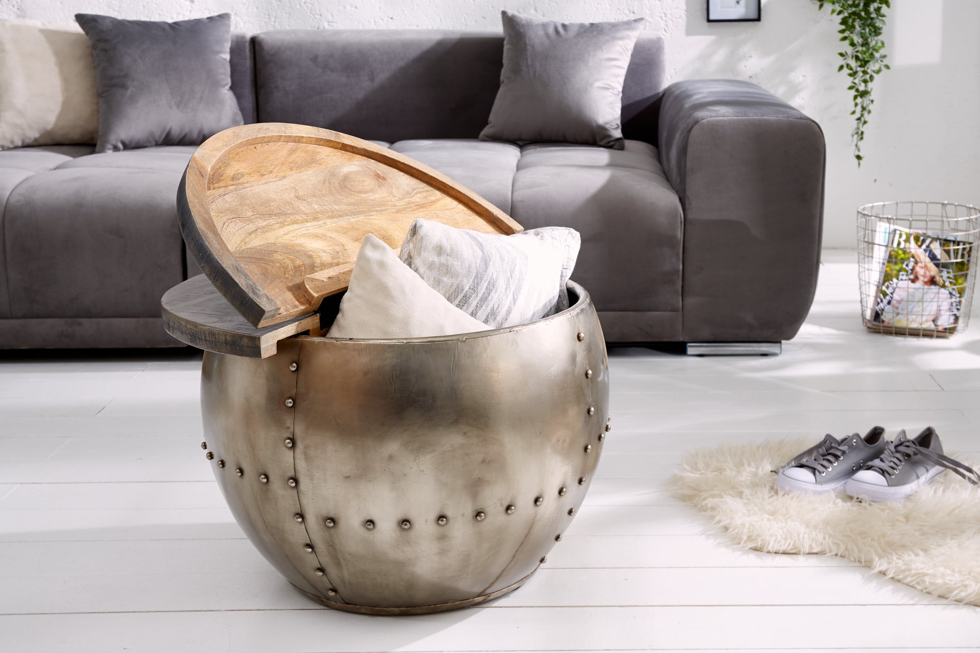 Round Coffee Table Drump Storage 68cm Mango Wood Grey