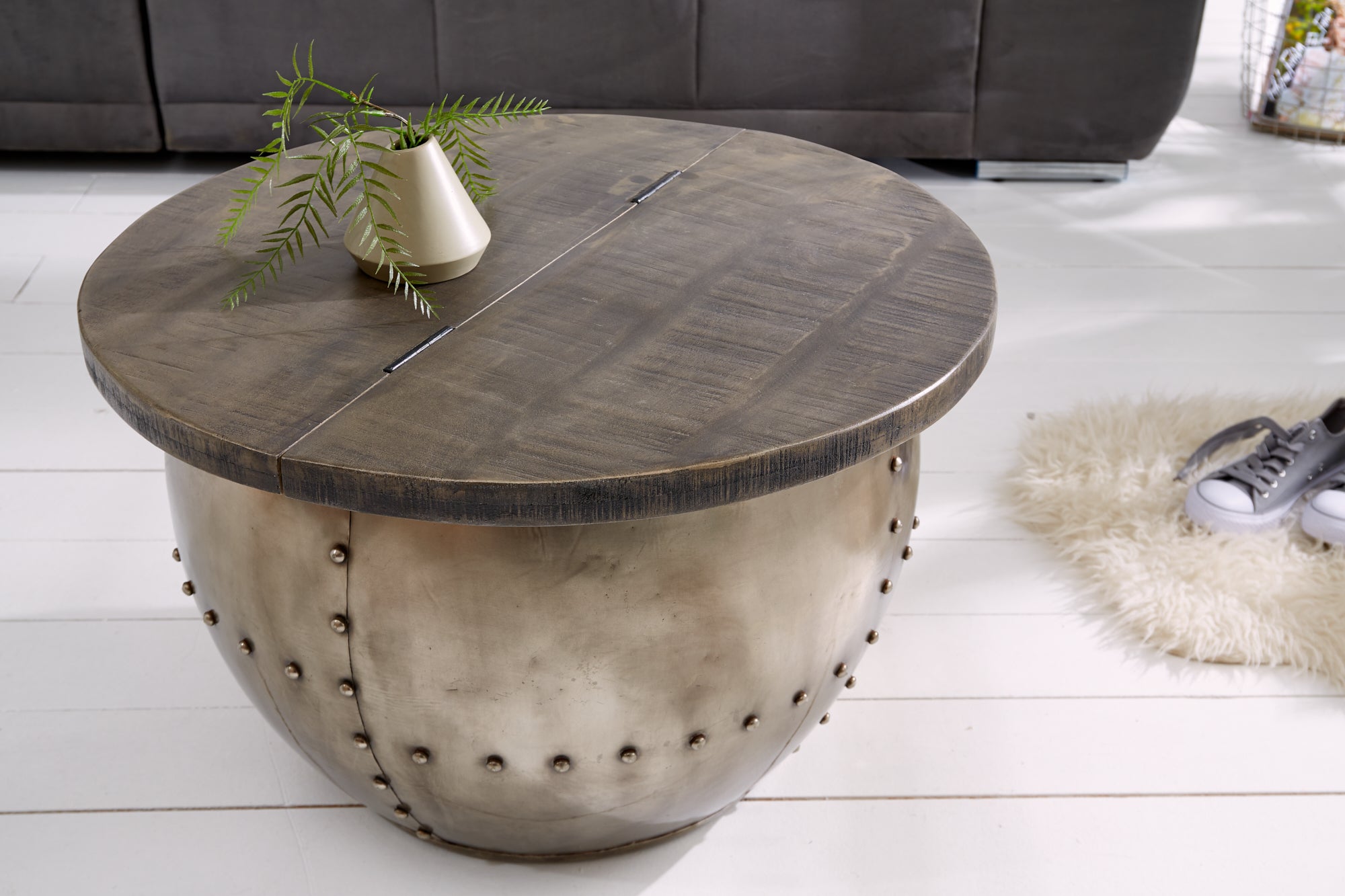 Round Coffee Table Drump Storage 68cm Mango Wood Grey