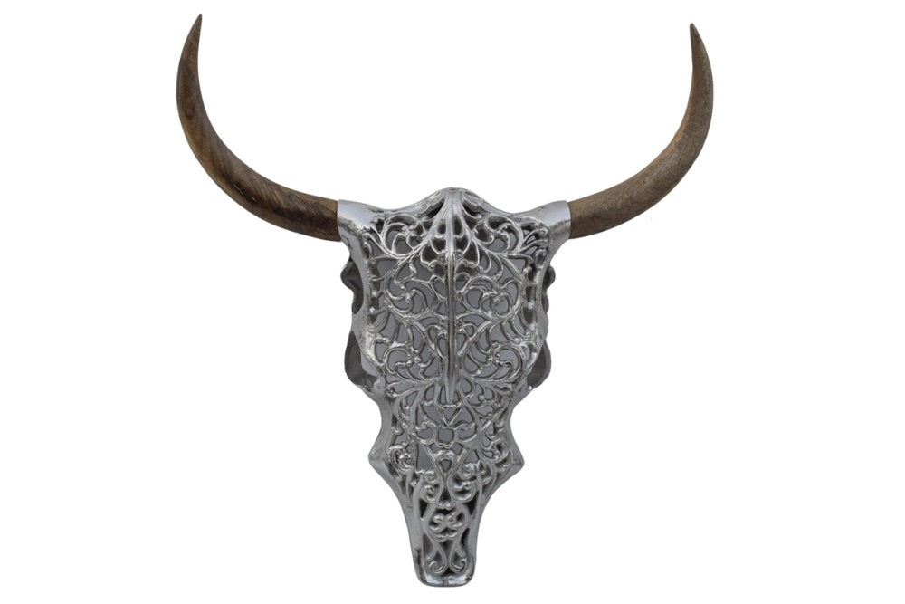 Decorative Skull Exotic Bull 57cm Metal Silver Mango Wood Natural