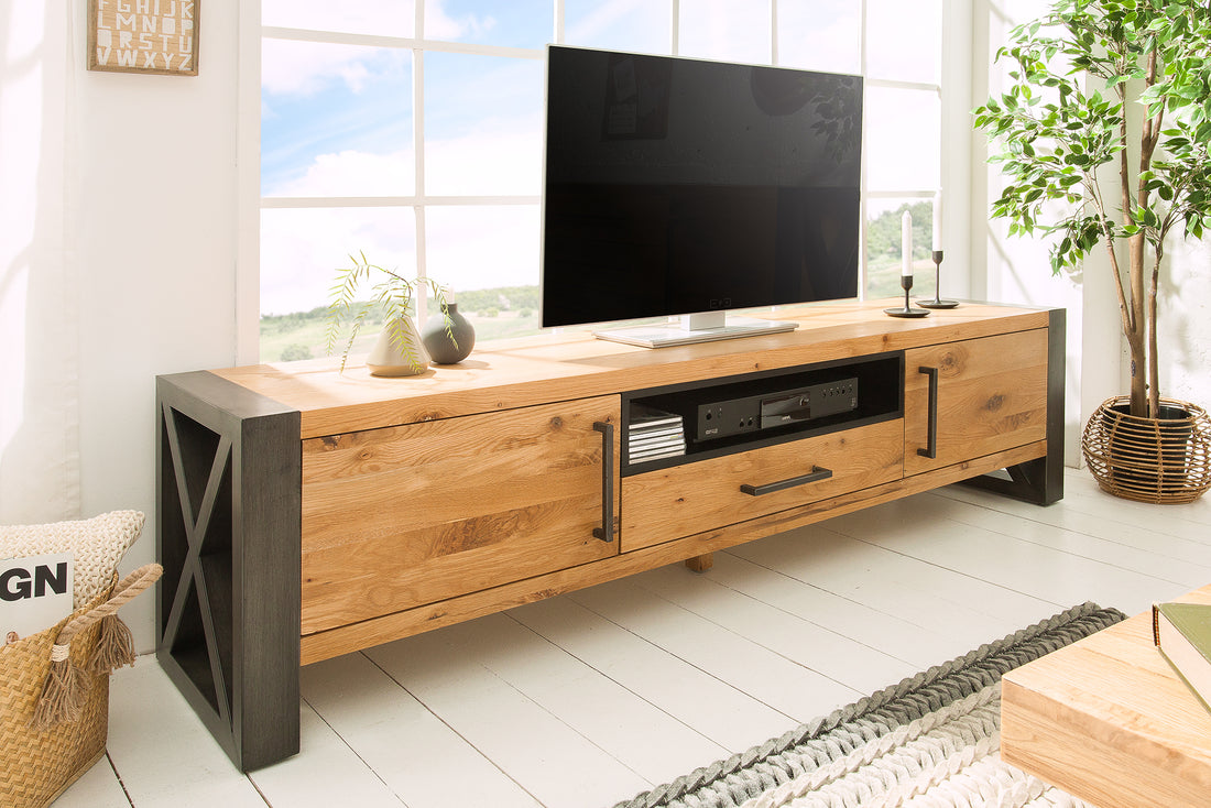 Viking TV Stand 200 cm - Wild oak wood with industrial steel frame.