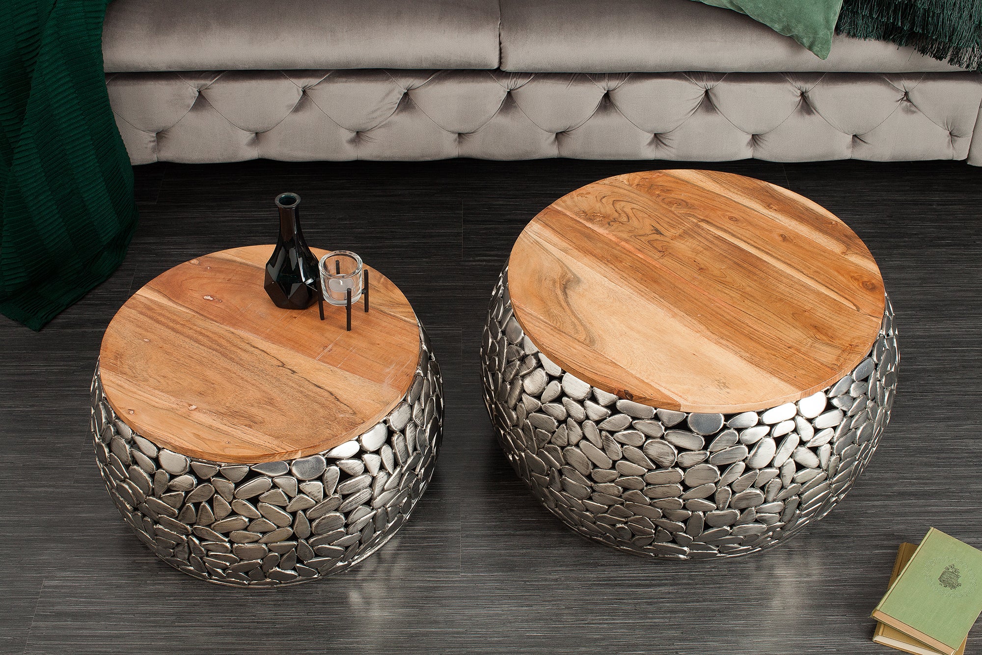 Set Of 2 Nesting Coffe Tables Stone Mosaic 55cm/65cm Metal Silver