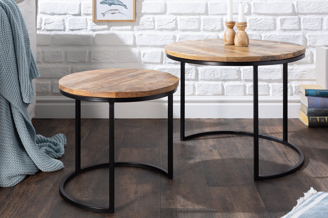 Set Of Two Round Side Tables Elements 38cm/45cm Mango Wood Natural