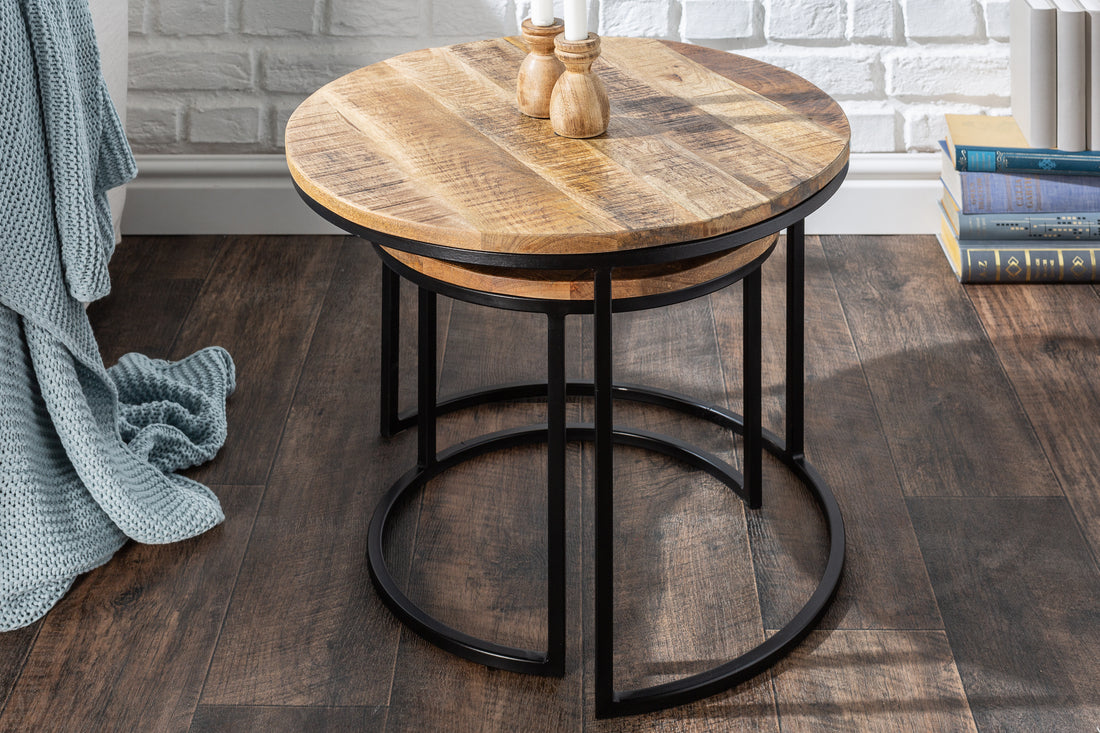Set Of Two Round Side Tables Elements 38cm/45cm Mango Wood Natural