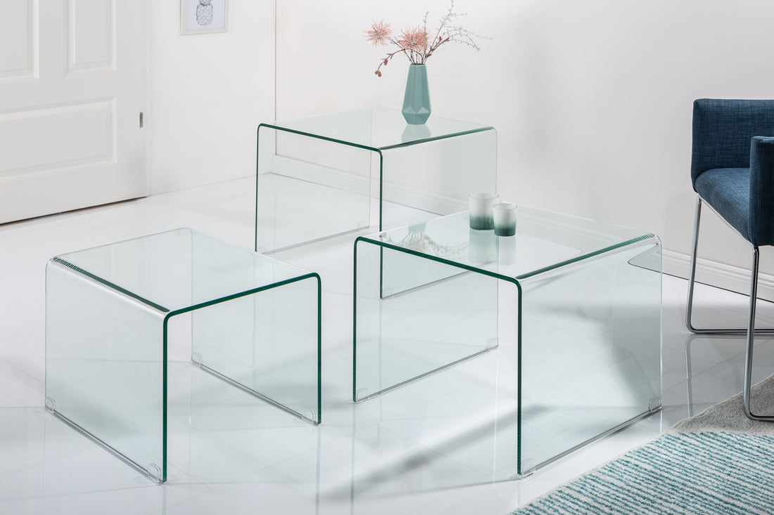Set Of Three Nesting Coffee Tables Quartz 40cm/50cm/60cm Glass