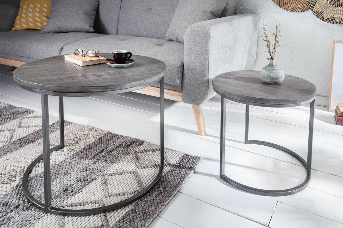 Set Of Two Round Side Tables Elements 38cm/45cm Mango Wood Grey