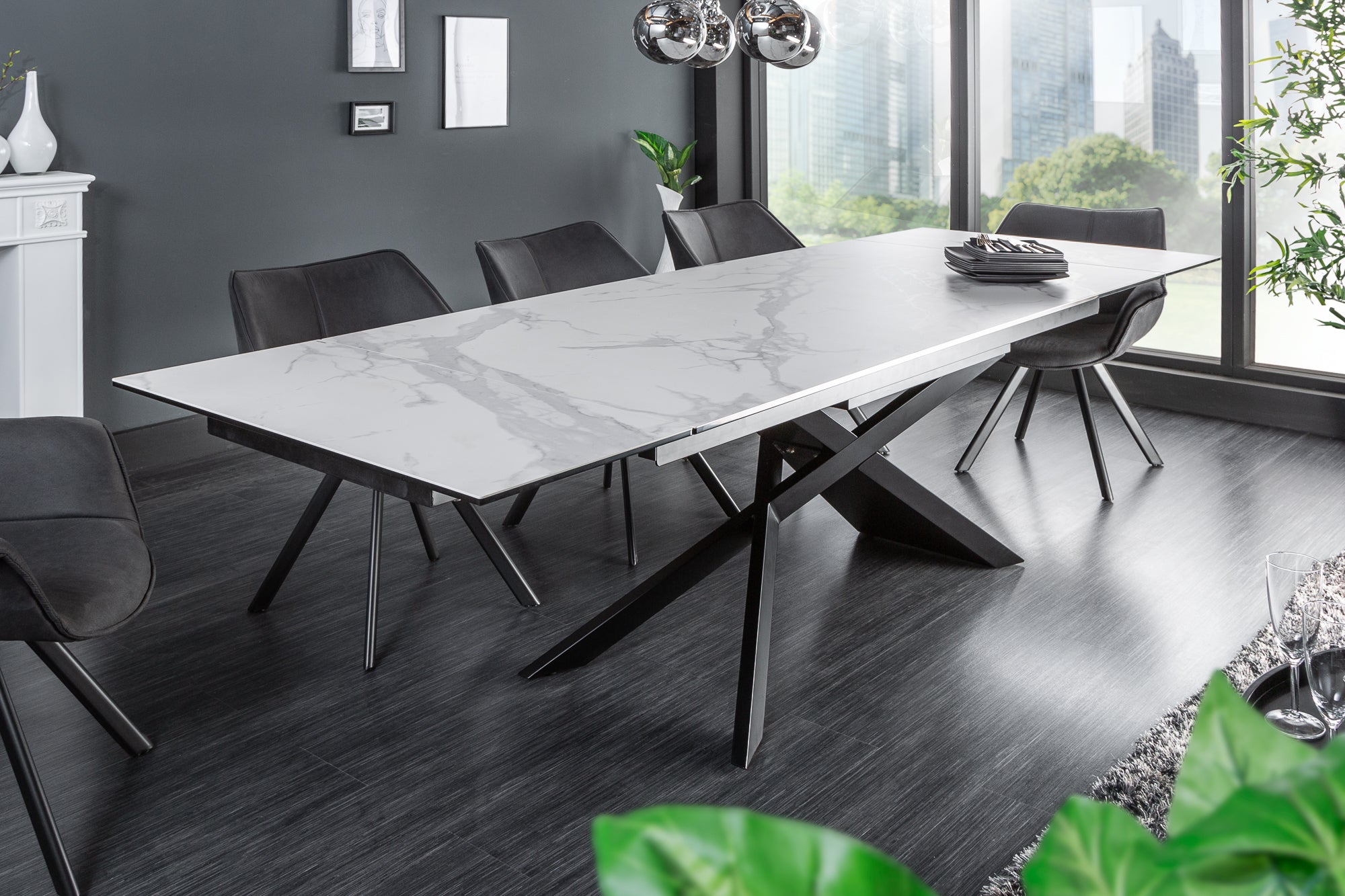 Dining Table Galactic 180-220-260cm Marble Look Ceramic White