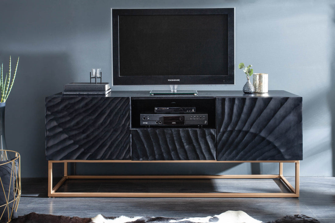 Fossil TV Stand 160 cm - Black mango wood with 3D carved front design.