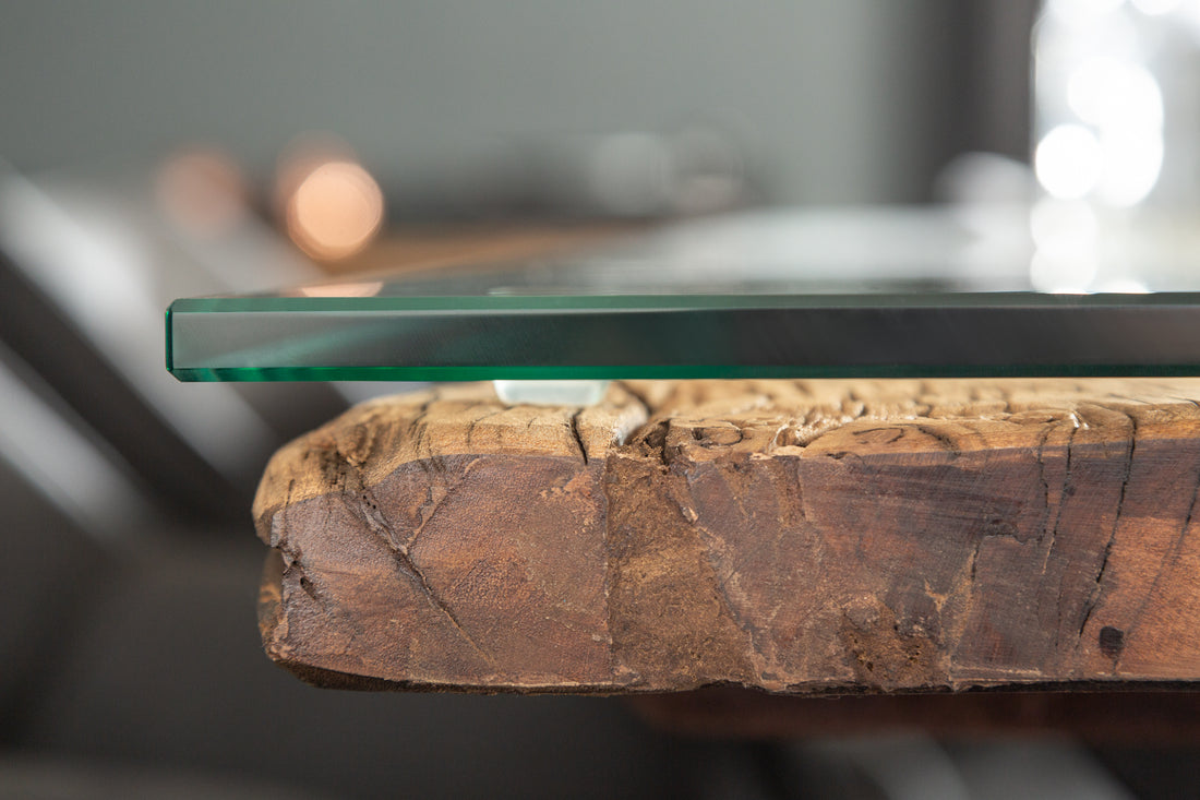 Dining Table Barracuda 180cm Recycled Teak Wood Brown X-Frame With Glass Top