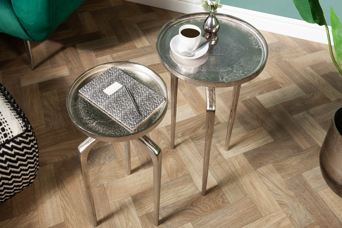 Set Of Two Round Side Tables Abstract 54cm/59cm Metal Silver