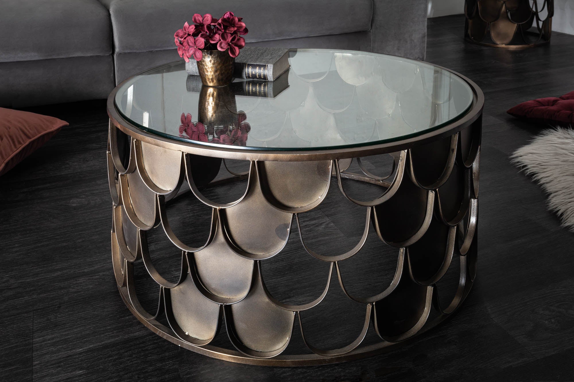 Coffee Table Abstract 70cm Antique Brass Fish Scale Design