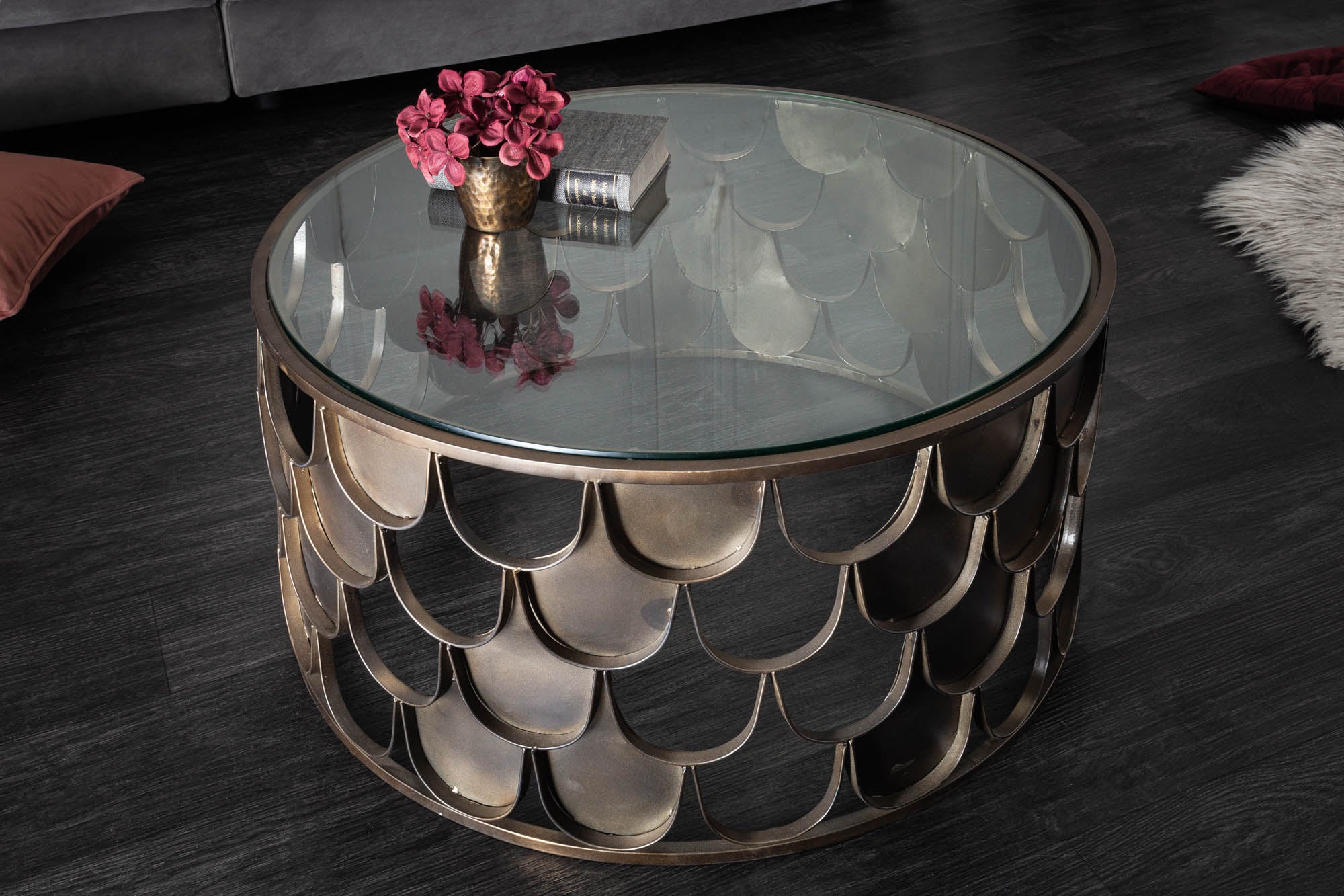 Round Coffee Table Abstract 60cm Metal Antique Brass Fish Scale Design