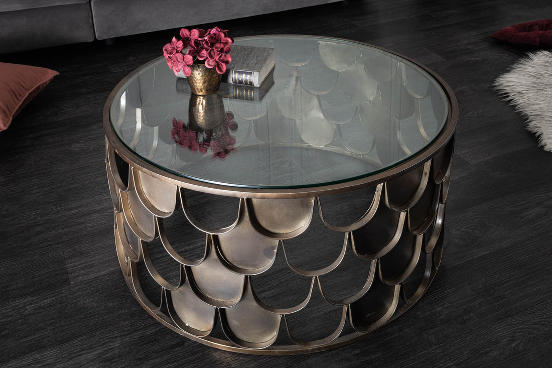 Round Coffee Table Abstract 60cm Metal Antique Brass Fish Scale Design