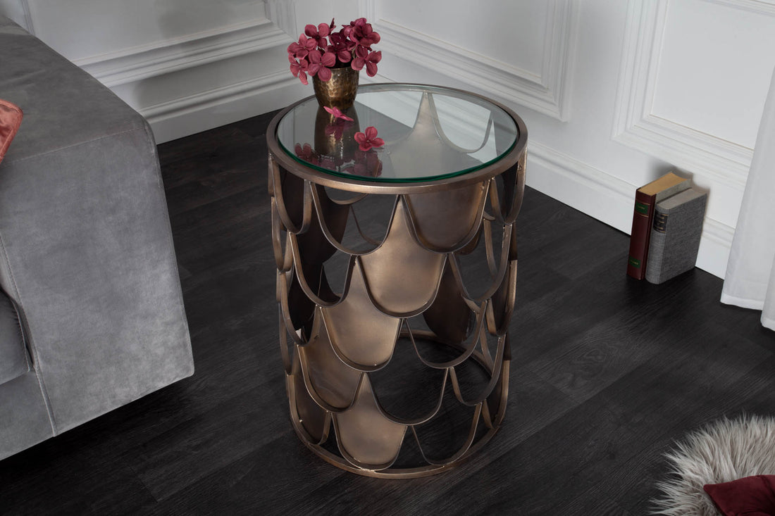 Round Side Table Abstract 54cm Metal Brass Fish Scale Design Glass