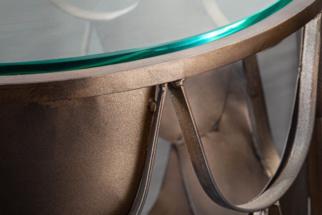 Round Side Table Abstract 54cm Metal Brass Fish Scale Design Glass