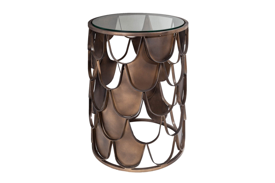 Round Side Table Abstract 54cm Metal Brass Fish Scale Design Glass
