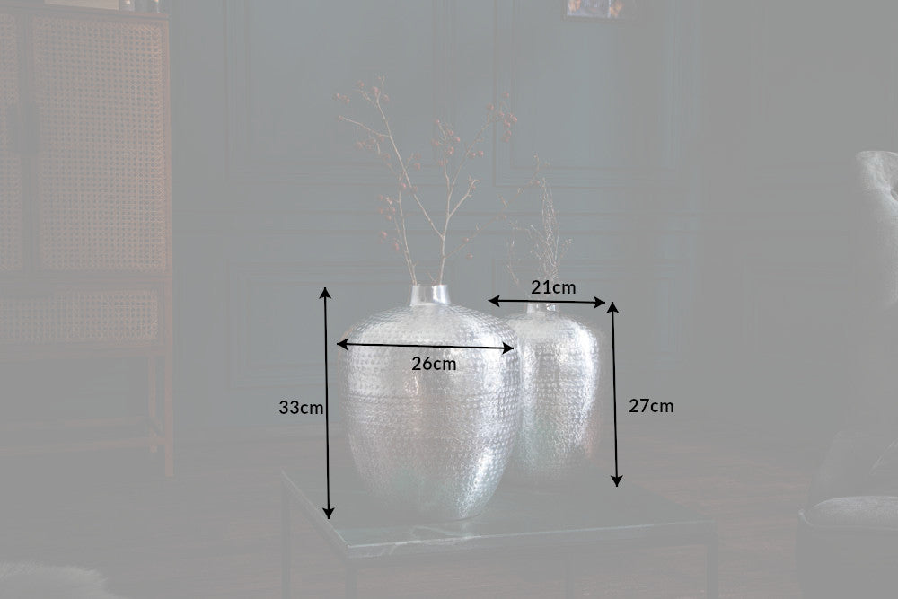 Set Of 2 Vases Oriental 27cm/33cm Metal Silver