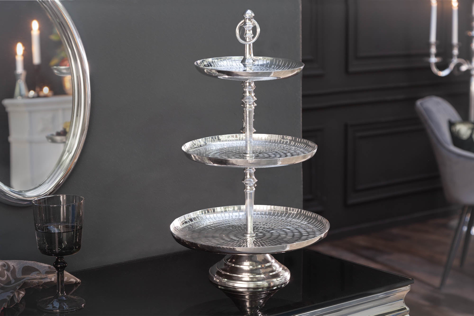 Three Tier Cake Stand Orient 50x30cm Hammered Metal Silver
