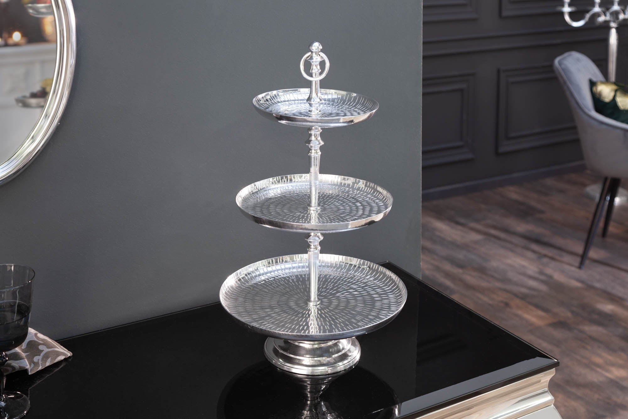 Three Tier Cake Stand Orient 50x30cm Hammered Metal Silver