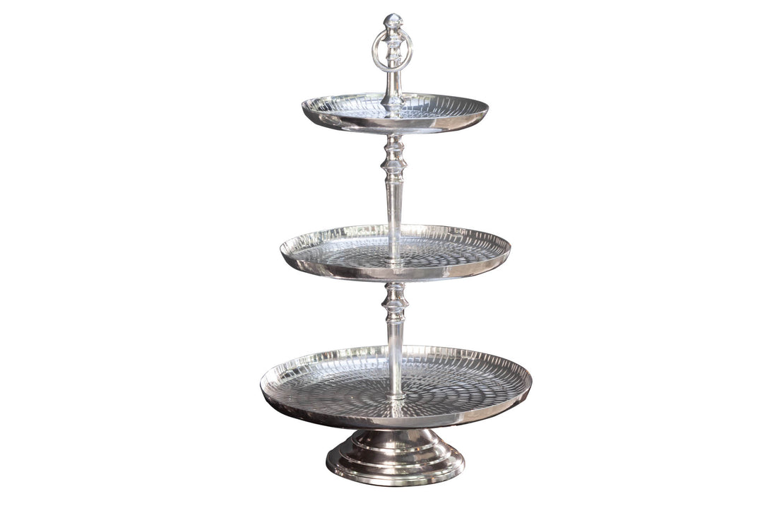Three Tier Cake Stand Orient 50x30cm Hammered Metal Silver