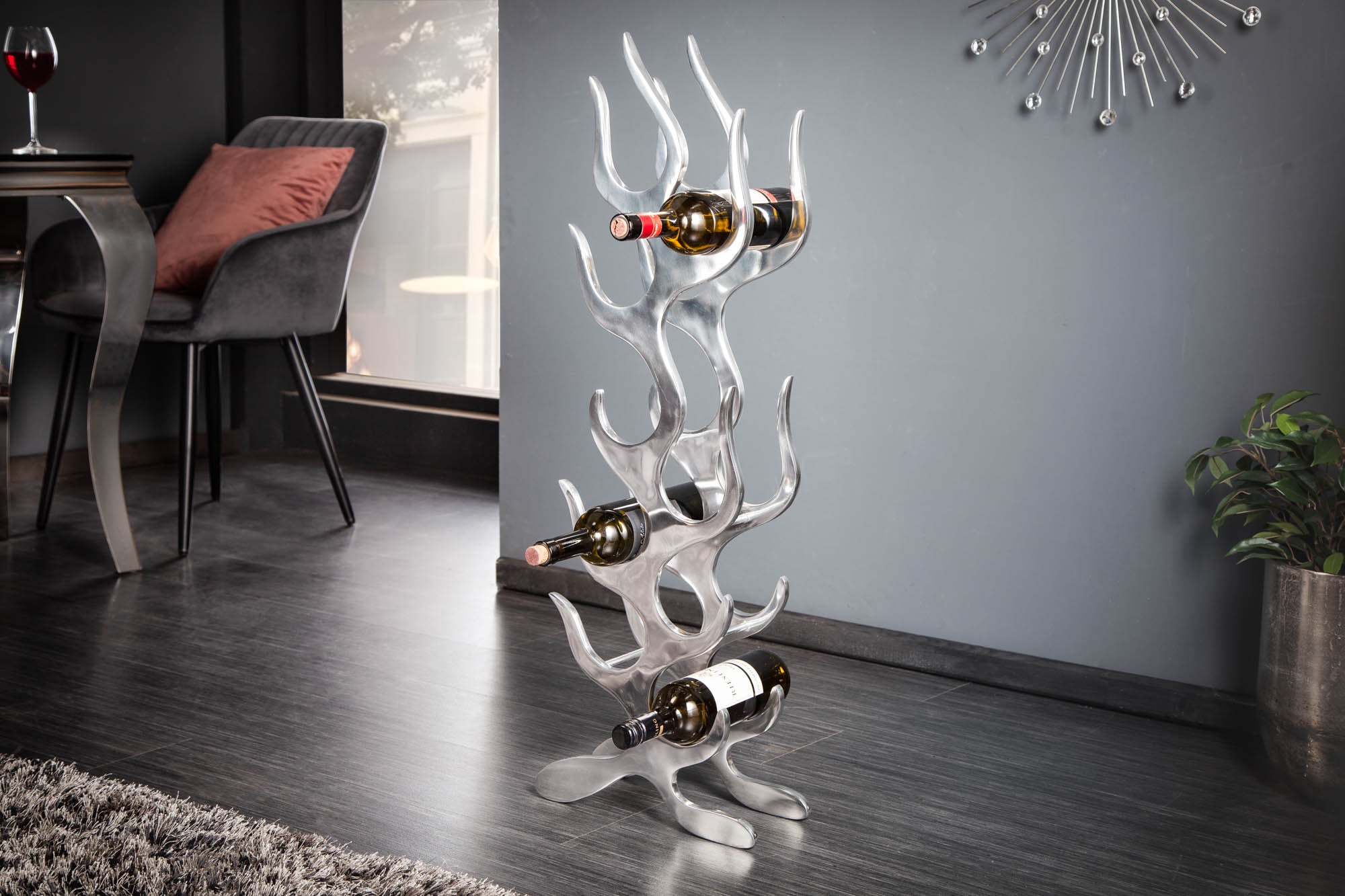 Wine Bottle Rack Flame 93cm Metal Silver