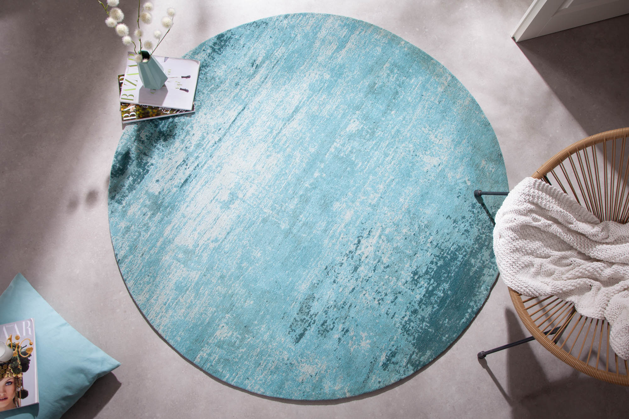 Rug Modern Art Round 150cm Cotton Turquoise