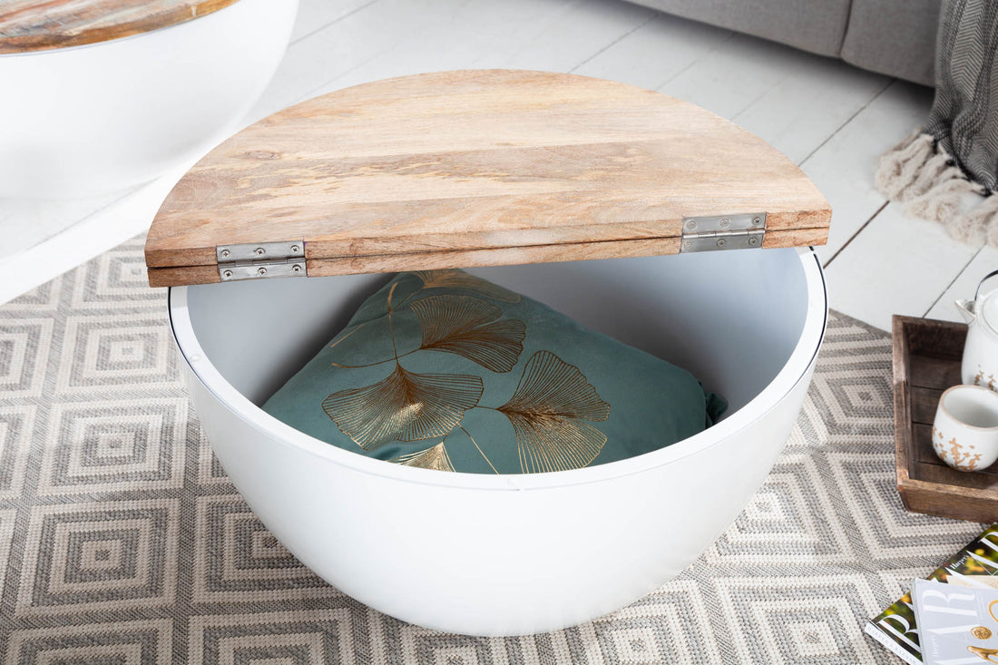 Round Coffee Table Industrial Storage 60cm Mango Wood White