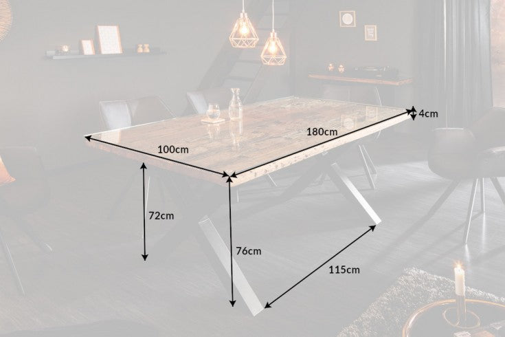 Dining Table Barracuda 180cm Recycled Teak Wood Brown X-Frame With Glass Top