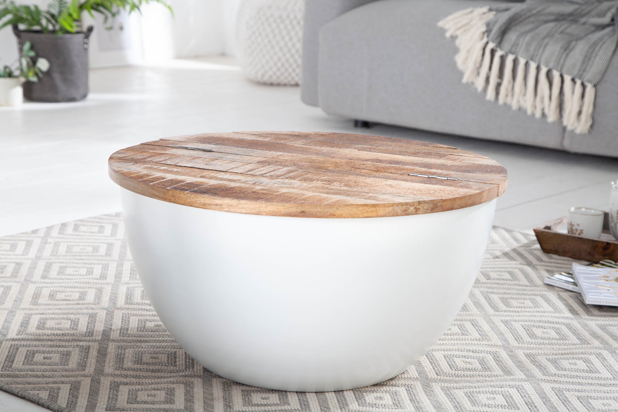 Round Coffee Table Industrial Storage 60cm Mango Wood White
