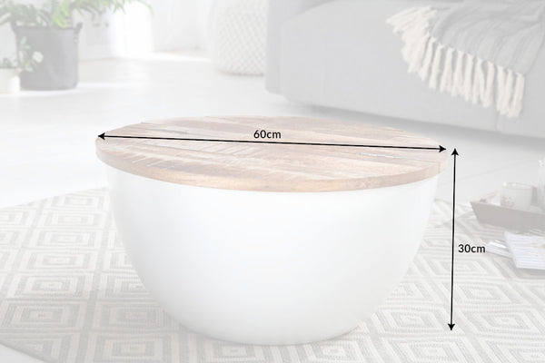 Round Coffee Table Industrial Storage 60cm Mango Wood White