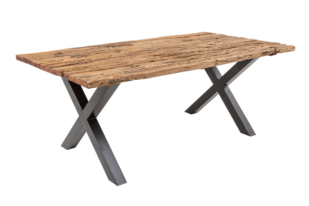 Dining Table Barracuda 180cm Recycled Teak Wood Brown X-Frame With Glass Top