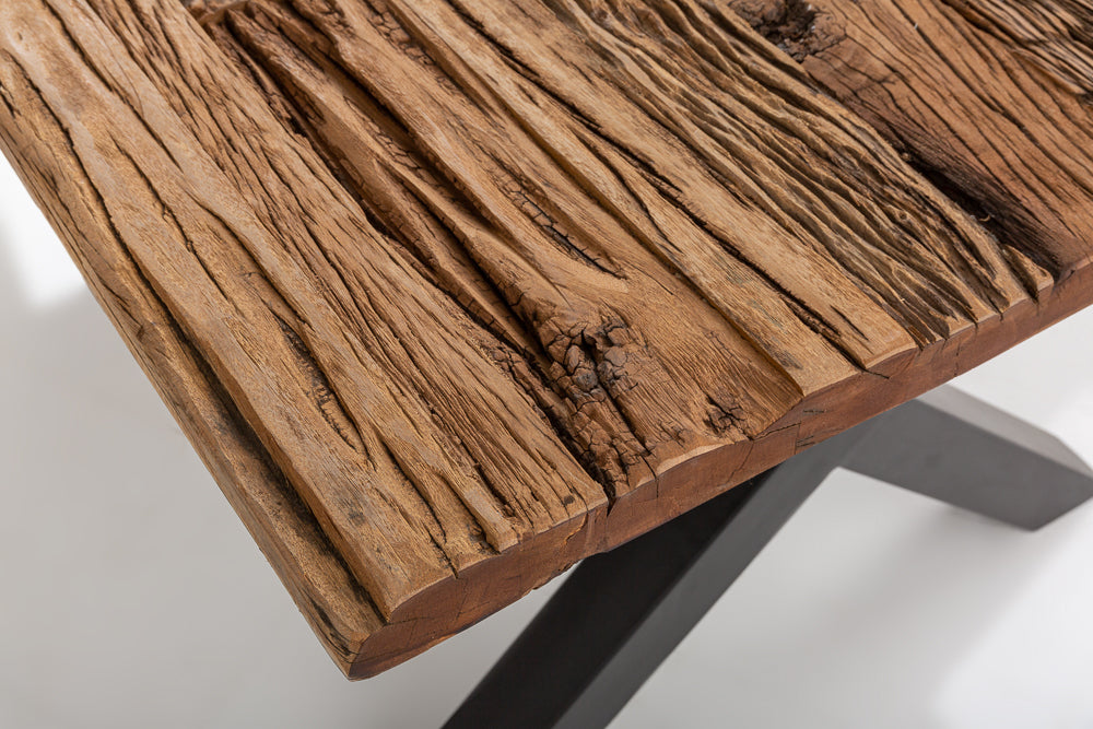 Dining Table Barracuda 180cm Recycled Teak Wood Brown X-Frame With Glass Top