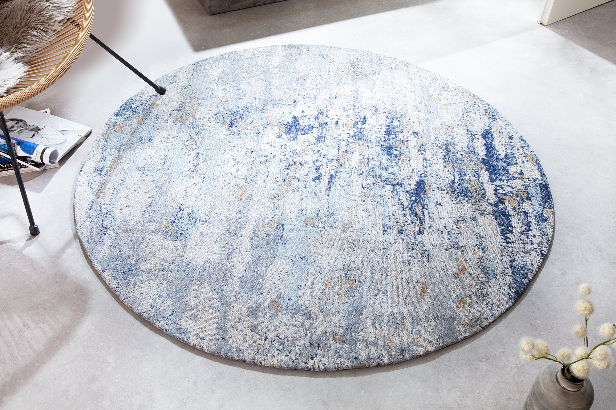 Round Rug Modern Art 150cm Cotton Blue