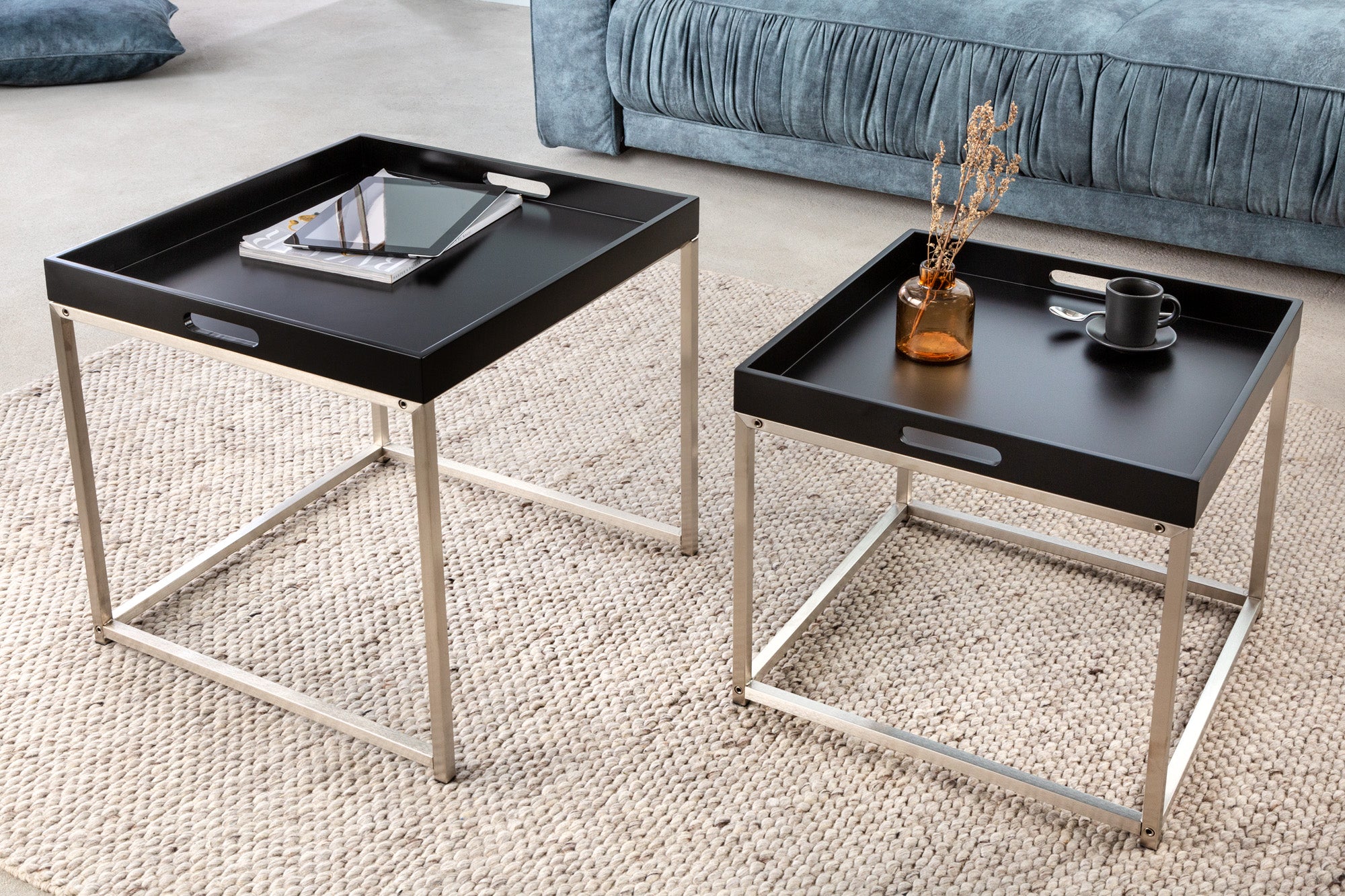 Set Of 2 Nesting Side Tables Elements 42cm/50cm Black With Tray