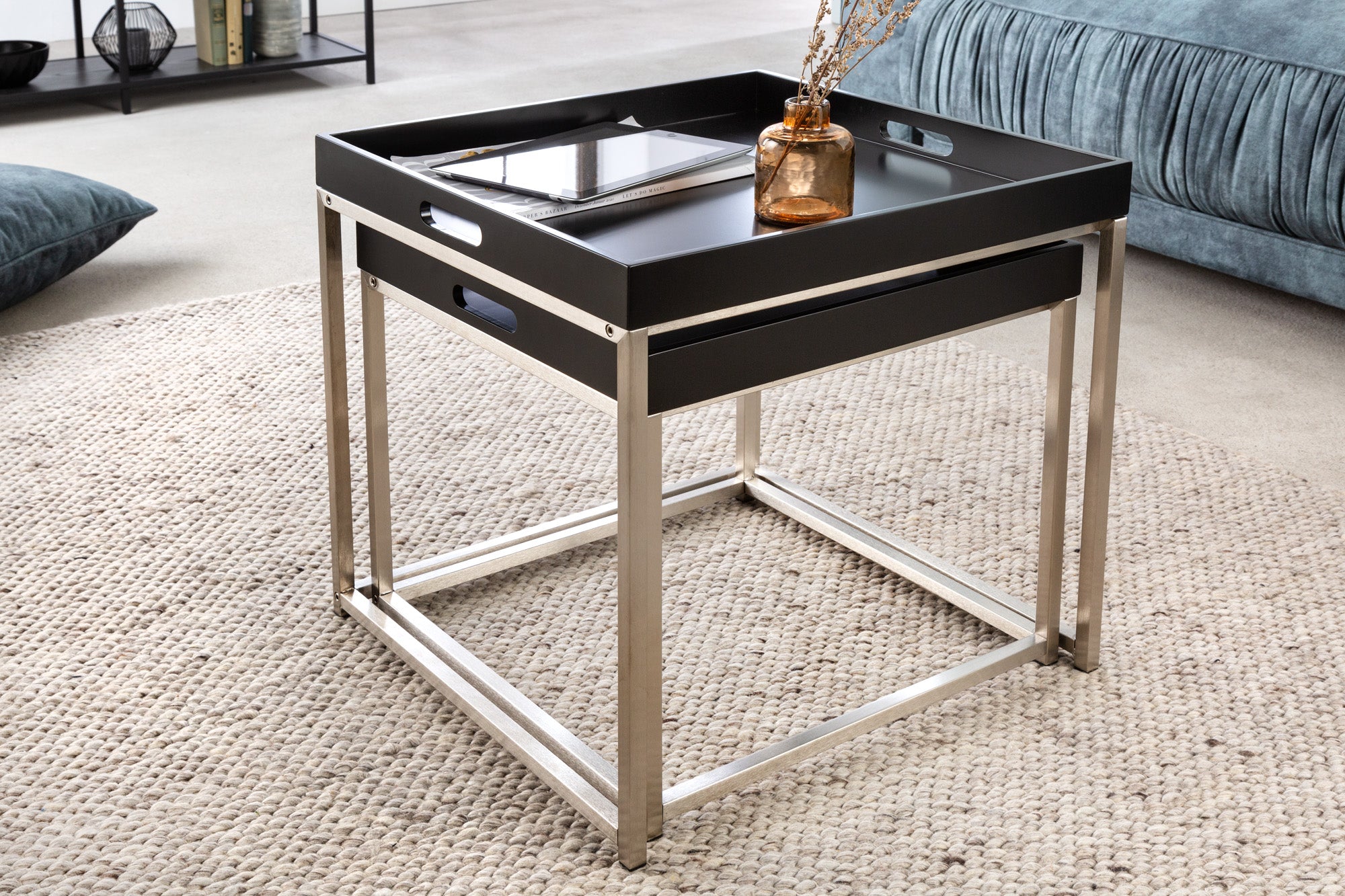 Set Of 2 Nesting Side Tables Elements 42cm/50cm Black With Tray