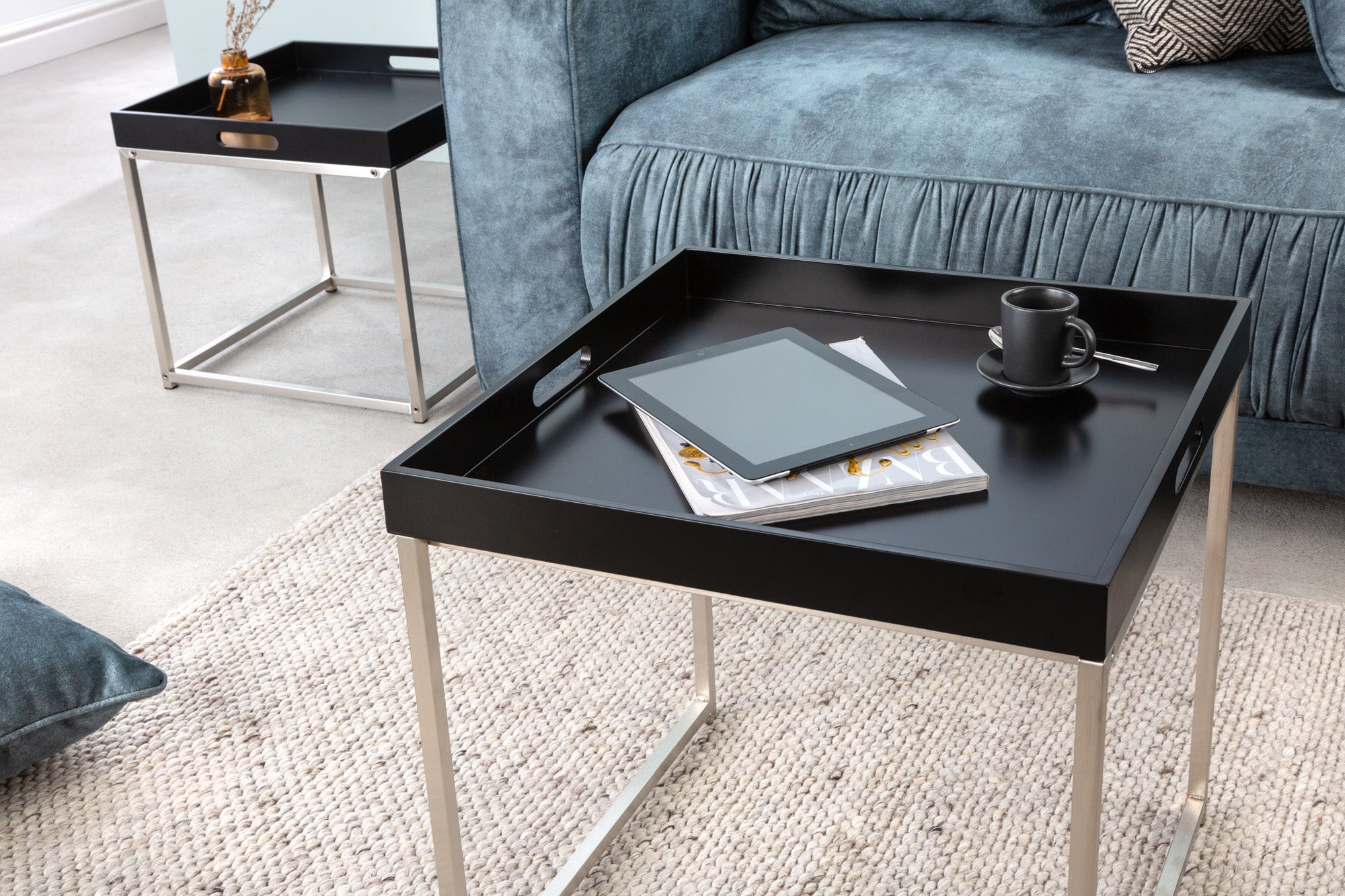 Set Of 2 Nesting Side Tables Elements 42cm/50cm Black With Tray