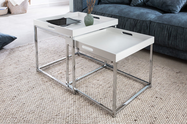 Side Table Elements Tray Set of 2 White Chrome