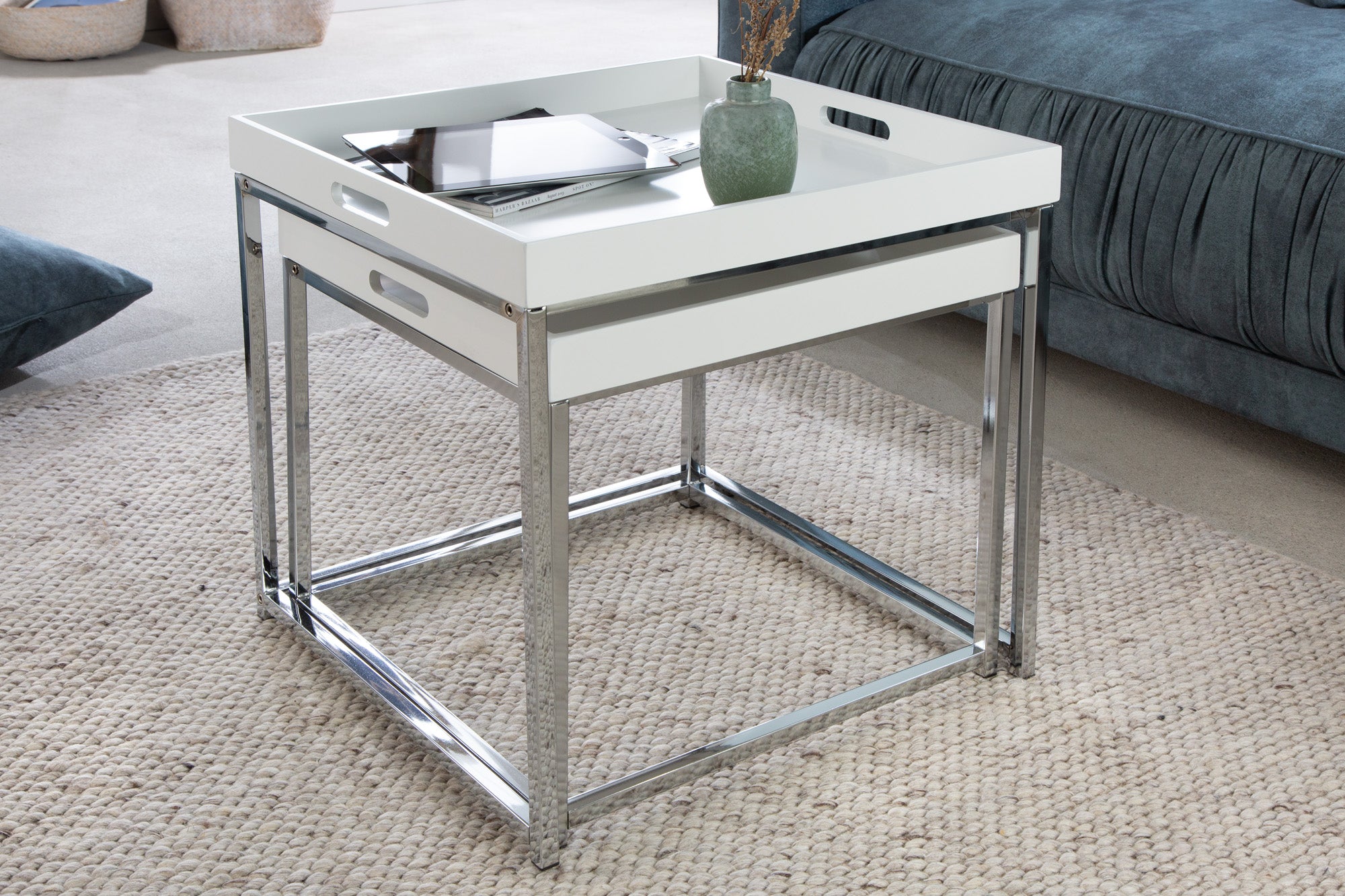 Side Table Elements Tray Set of 2 White Chrome