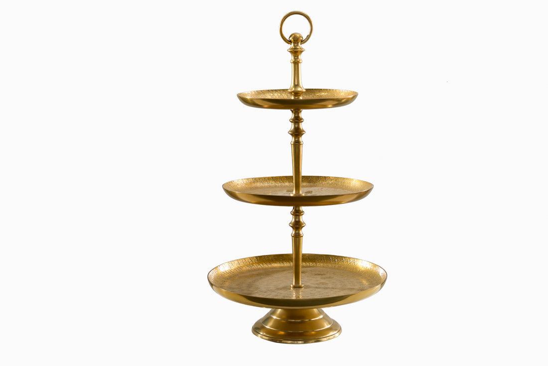 Three Tier Cake Stand Orient 50cm Hammered Metal Gold