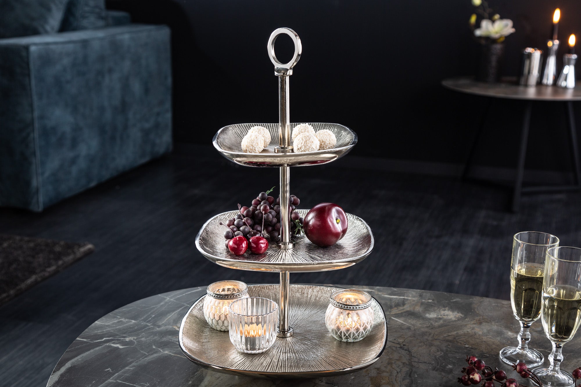 Three Tier Cake Stand Orient 44cm Vintage Aluminium Silver