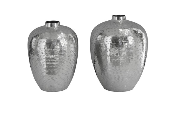 Set Of 2 Vases Oriental 27cm/32cm Hammered Metal Silver